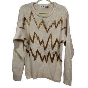 VTG 90s NILANI Women L Ivory Silk Blend Sweater Gold Bead Sequin Retro Rock Glam